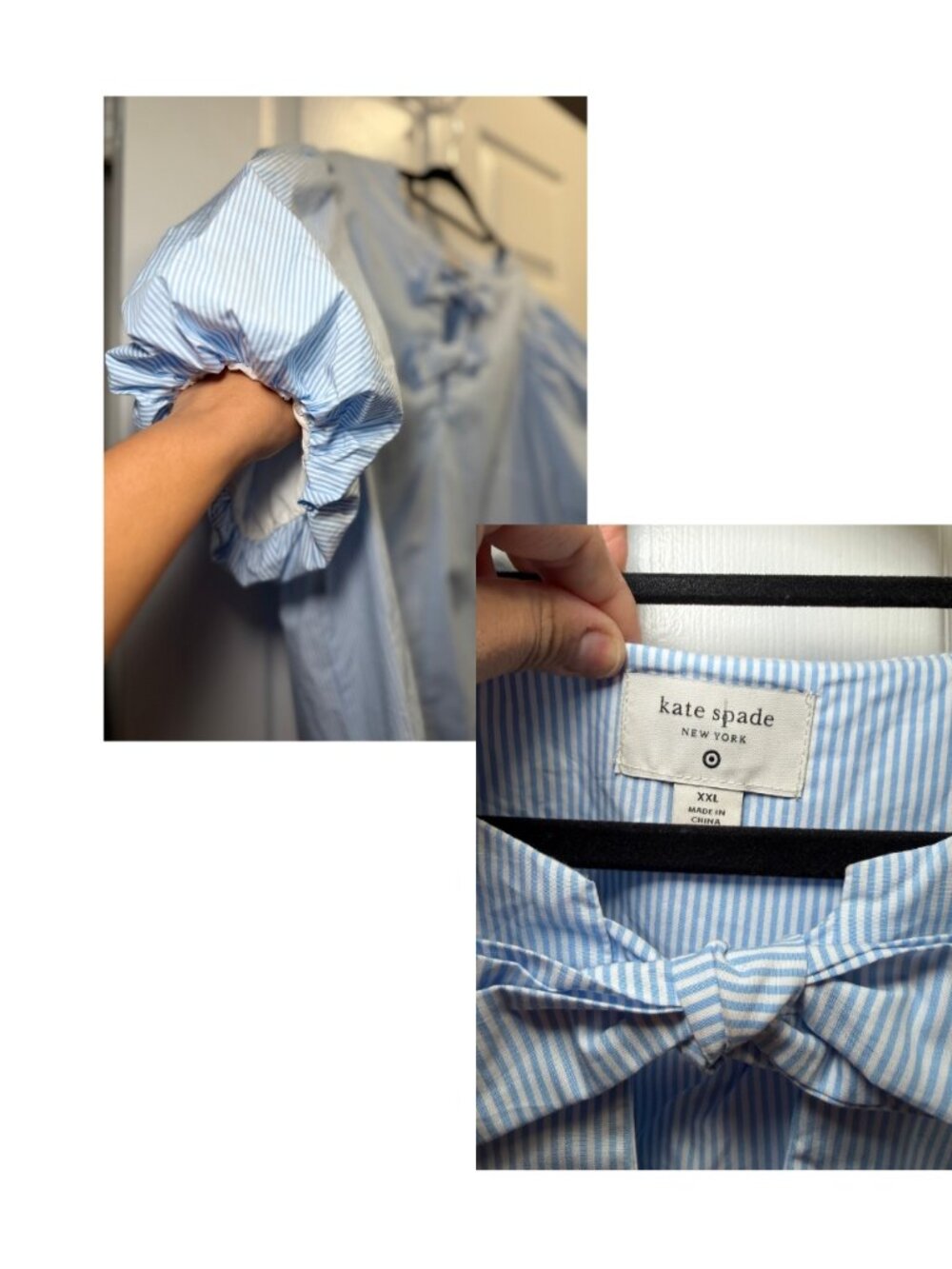 Kate Spade Blue White Striped Bow Puff Sleeve Blouse XXL - Picture 3 of 5